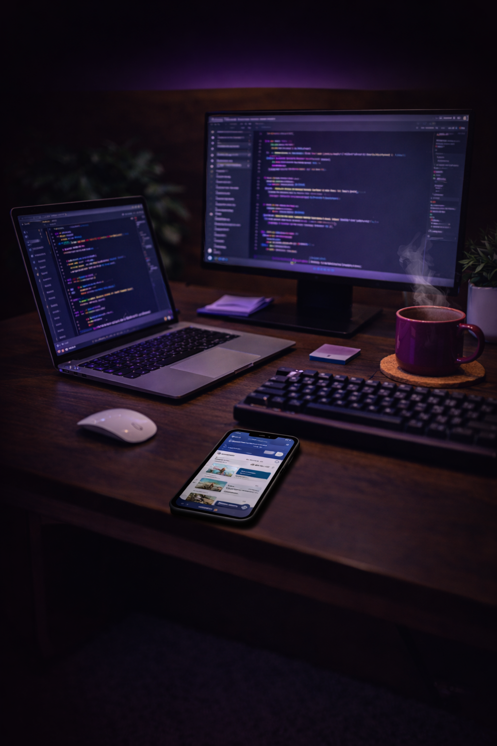 A dark, blue-lit software development workspace